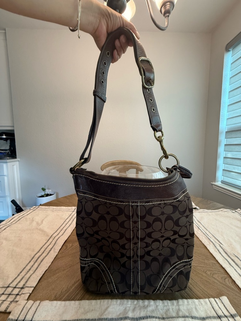 Coach Brown Signature Canvas Shoulder Bag with Leather Trim